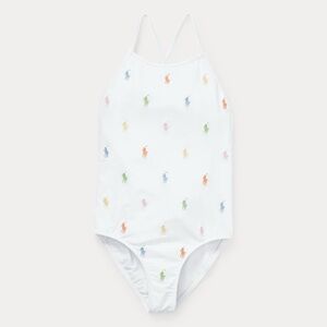 Polo by Ralph Lauren White Girls' One-Piece Swim with Multicolor Pony Embroidery